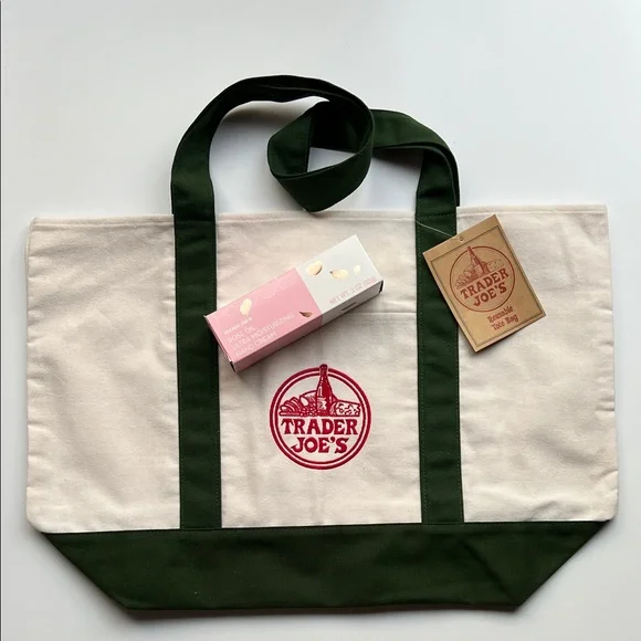 Trader Joe's Large Canvas Tote Bag with Green Straps & Rose Oil Hand Cream - Picture 8 of 8